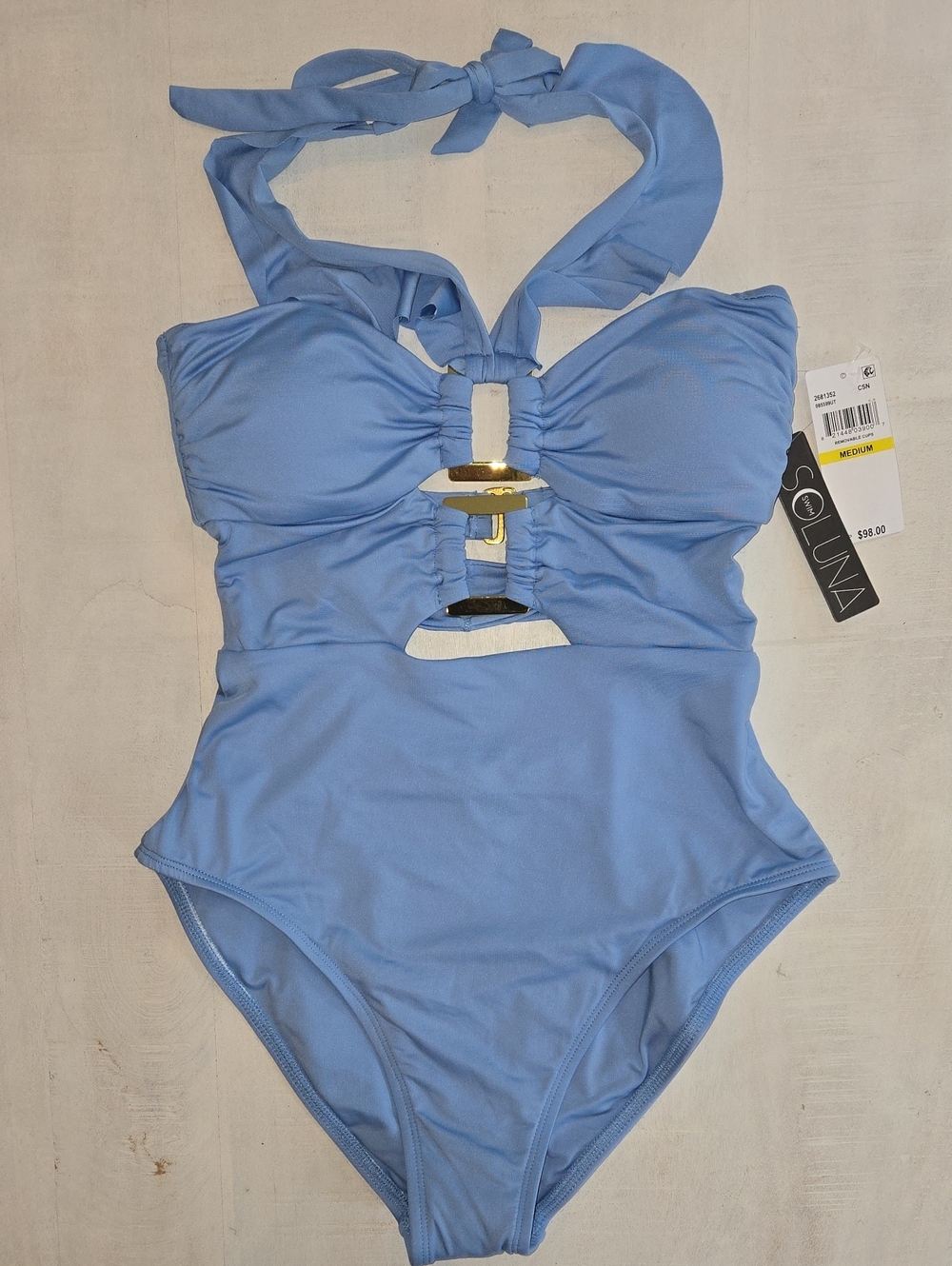 SOLUNA SWIM Blue One-Piece Halter Swimsuit with Gold Ring Accents NWT Medium